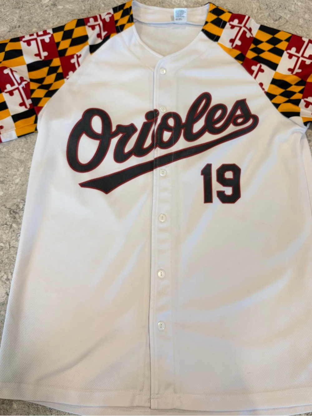 Baltimore Orioles 2019 SGA White Baseball Jersey with Maryland Flag Sleeves-Med